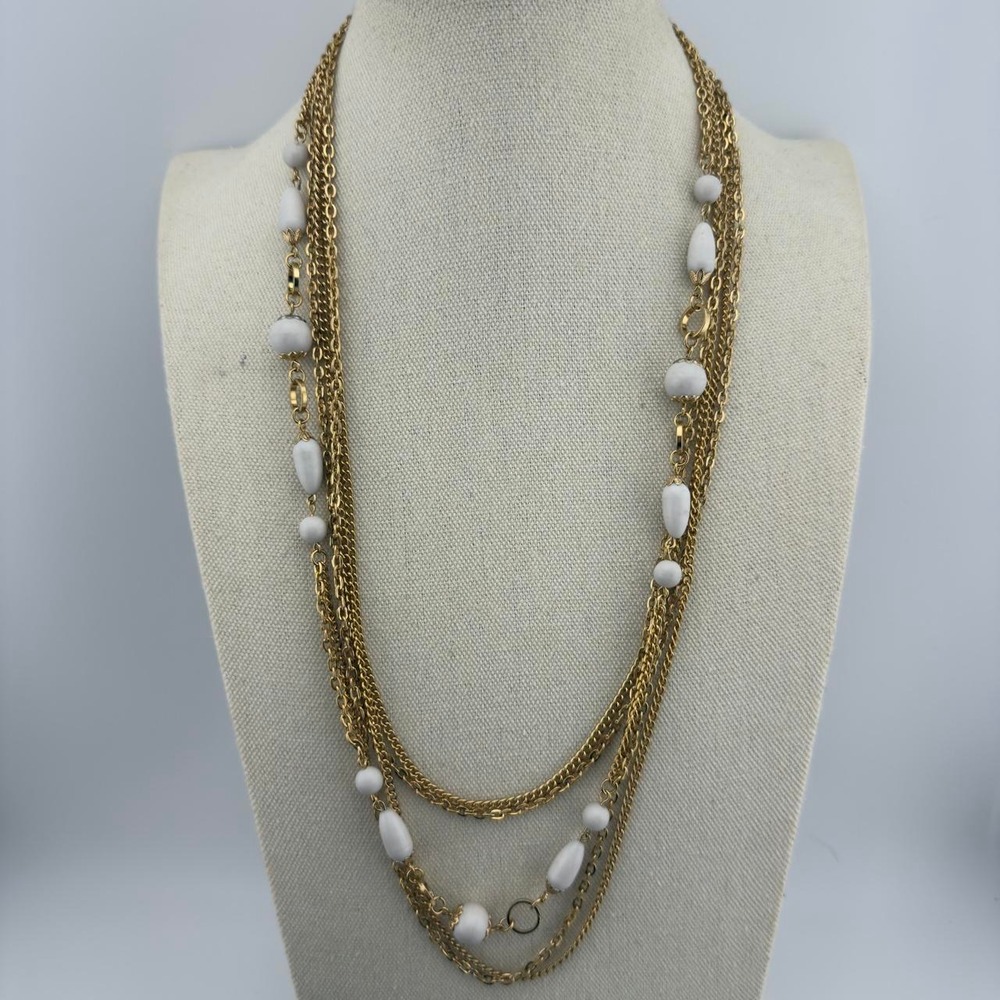 Vintage Multi Strand Necklace White Milk Glass Bead Layered Gold Tone Japan